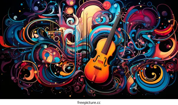 Colorful abstract painting of a violin with flowing lines and vibrant colors