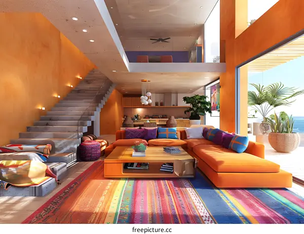 Modern living room with orange sofa and colorful rug