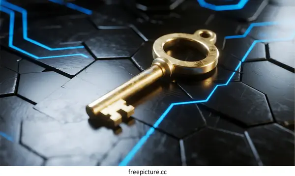 Golden Key on High-Tech Hexagonal Pattern Background