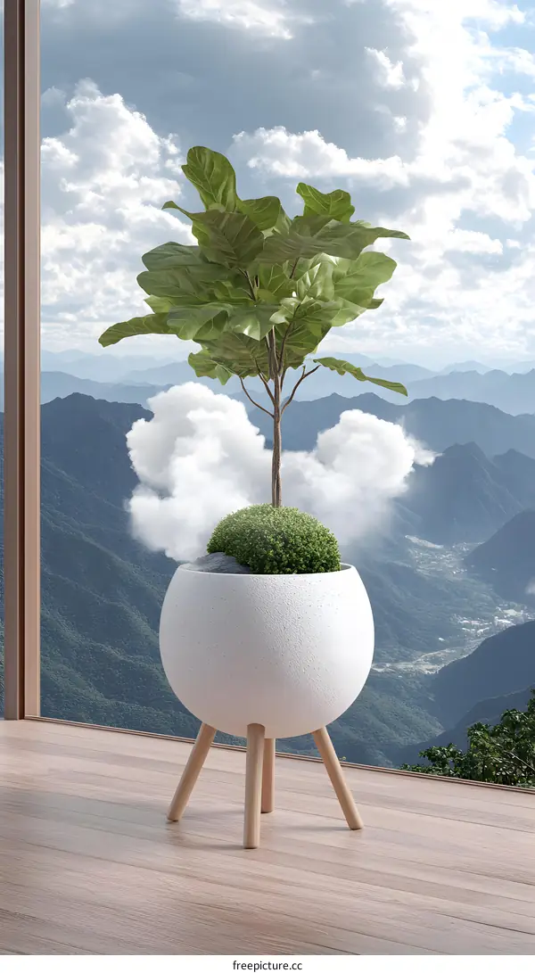 White Potted Plant with Green Leaves on Wooden Floor with Mountain View