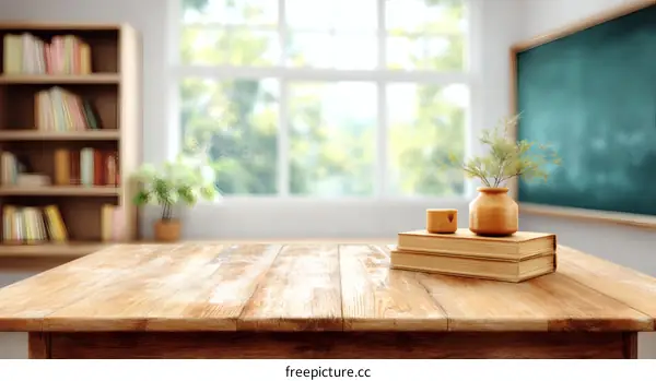 Empty Wooden Tabletop in a Classroom Setting