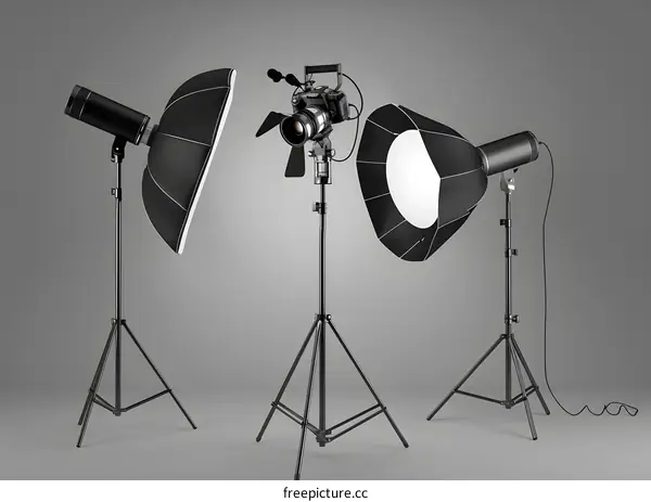 Studio Photography Lighting Setup with Softboxes and Reflectors