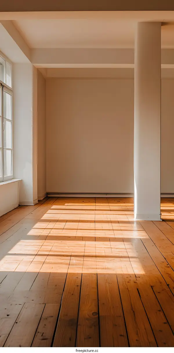 Sunlight Streaming Through Window in Empty Room with Wooden Floor