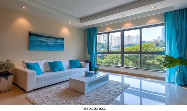 Modern Living Room Interior Design with Turquoise Accents