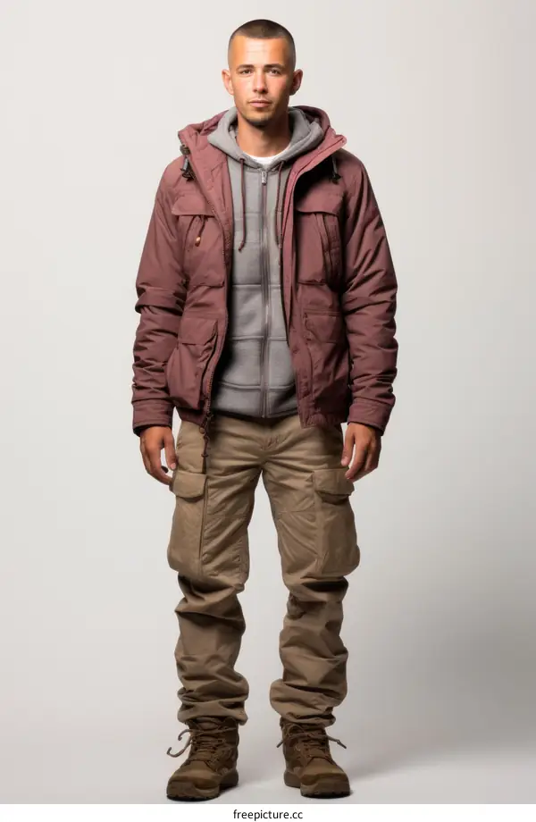 A man wearing a brown jacket, gray sweater, and khaki pants