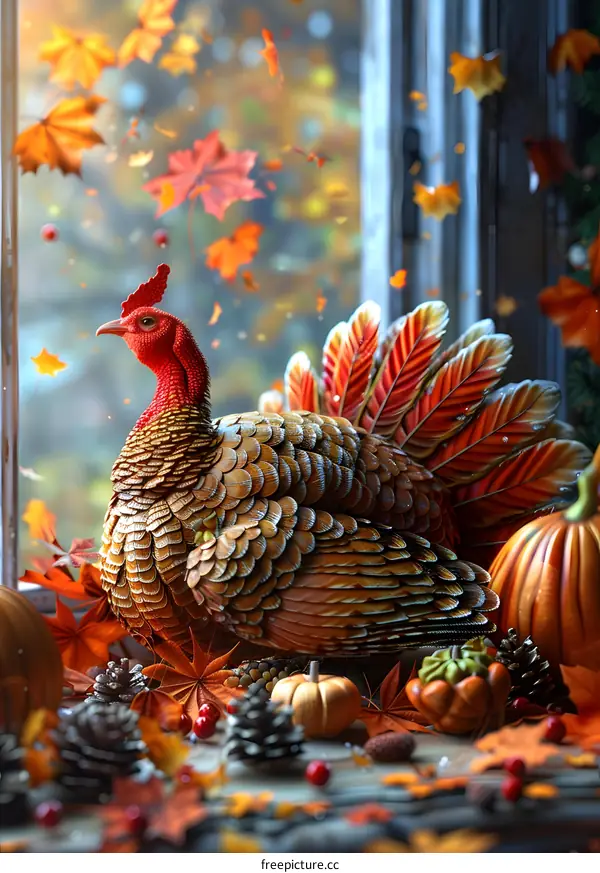 A Thanksgiving turkey sits next to a pumpkin, with a window in the background showing an autumn scene