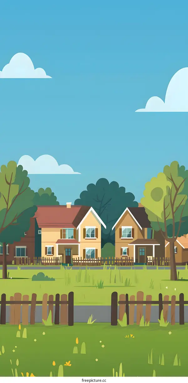 Cartoon Illustration of Suburban Neighborhood with Houses and Grass