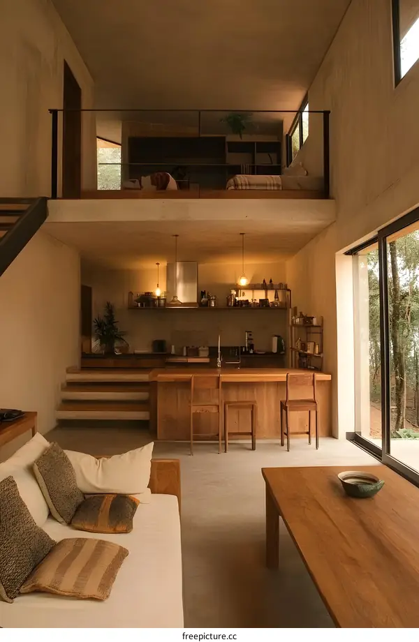 Modern Minimalist Open Plan Loft Apartment with Concrete Walls and Wooden Floor