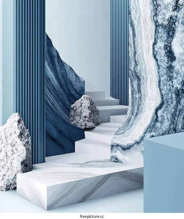 Abstract Blue Marble Background with Stone and Steps