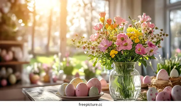 Easter Floral Arrangement with Decorated Eggs