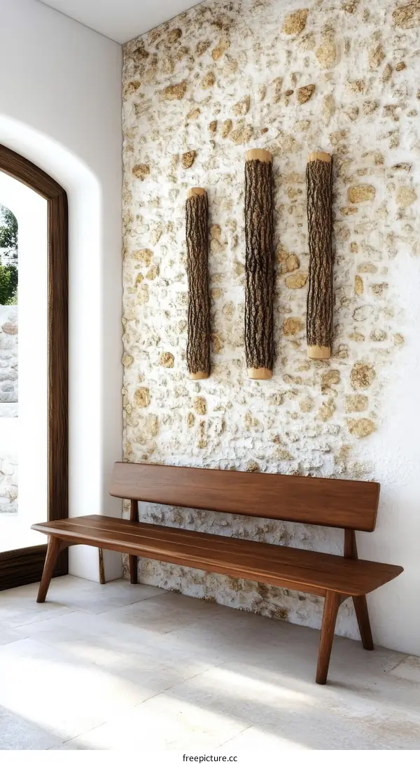 Modern Wooden Bench Against Stone Wall Decorated with Wood Logs