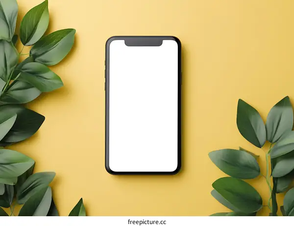 Smartphone Mockup with White Screen and Green Leaves on Yellow Background