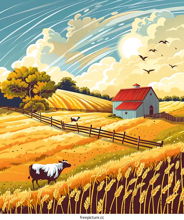Farmhouse in a Field of Wheat Illustration