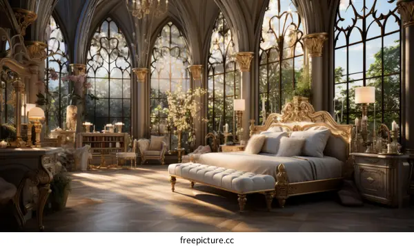 Ornate bedroom with a large bed and stained glass windows