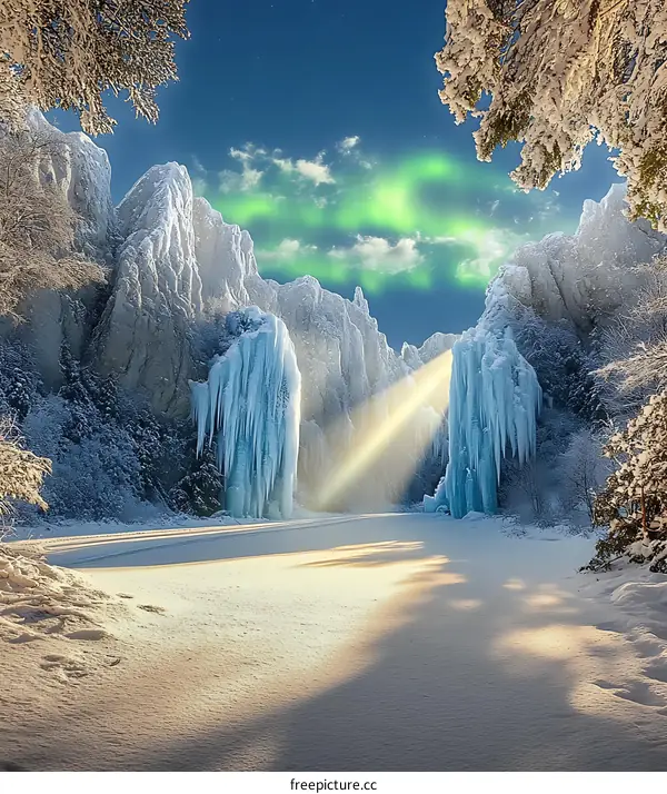 Winter Wonderland with Frozen Mountains and Northern Lights