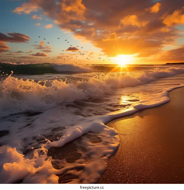 The setting sun casts a golden glow on the beach and the waves crashing on the shore