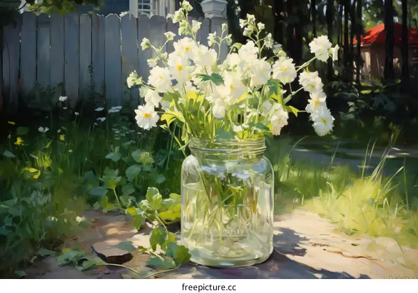 A Still Life of White Flowers in a Mason Jar