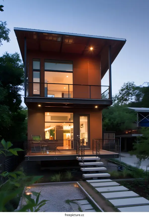 Modern Two Story House with Deck and Gravel Pathway