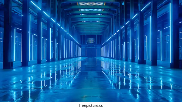 Blue Neon Lights Reflecting in Wet Concrete Floor of Empty Warehouse