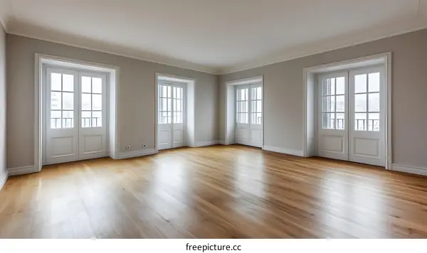 Empty Room with Wooden Floor and Four French Doors