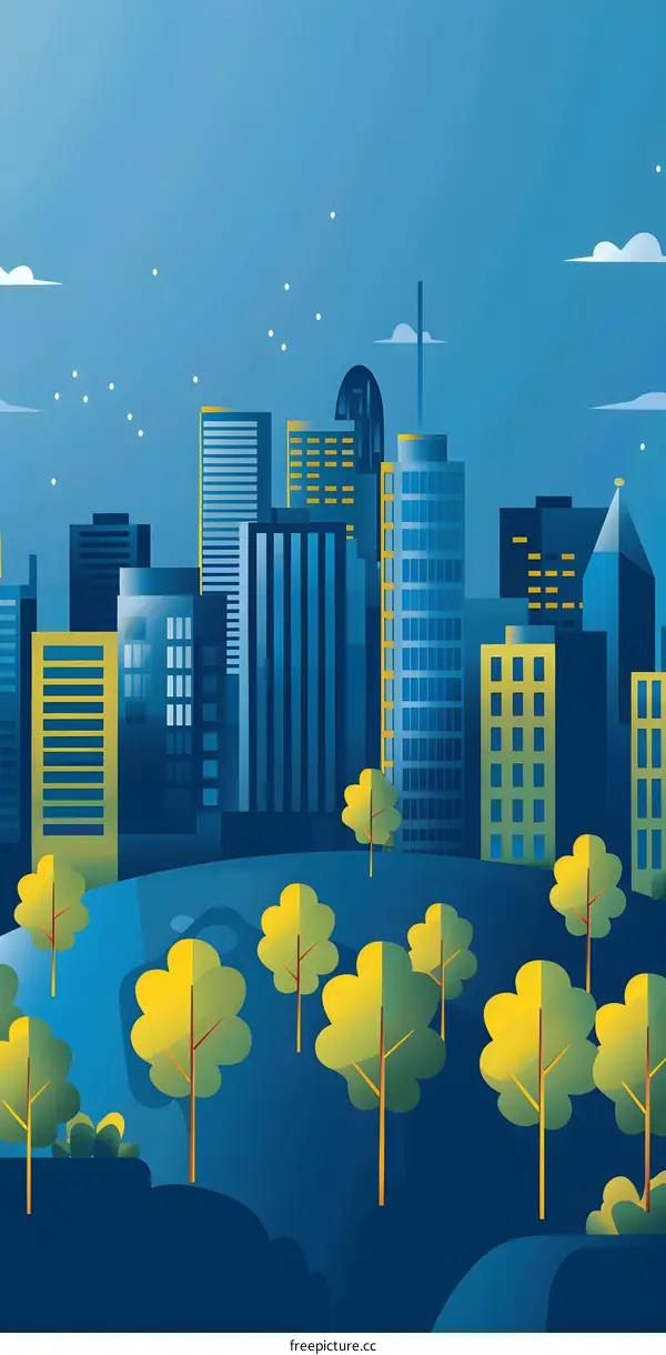 Night Cityscape With Green Trees In Foreground