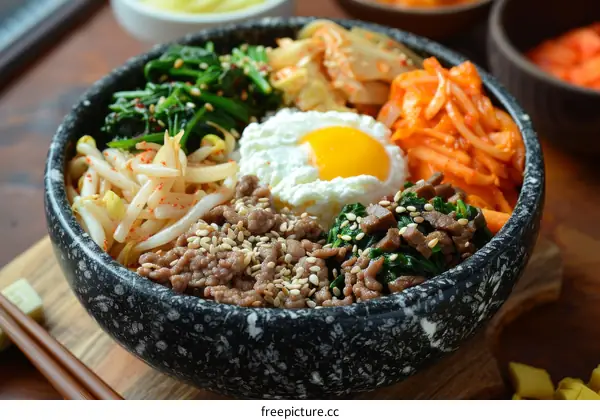 Traditional Korean Bibimbap with Rice, Veggies, and Egg in a Bowl with Chopsticks