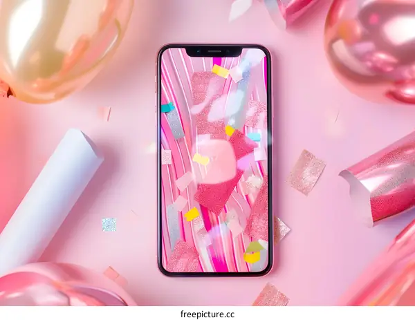 Pink Smartphone with Confetti and Balloons