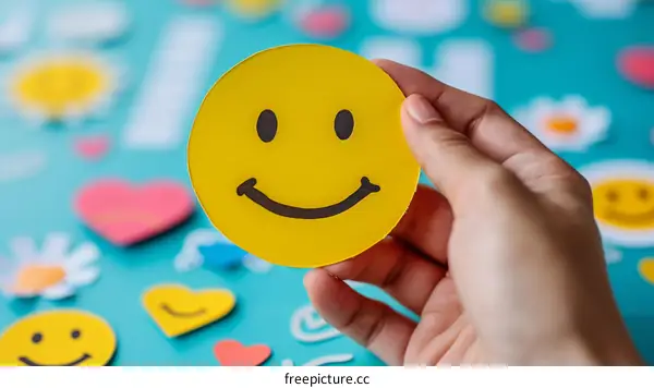 A hand holding a yellow smiley face against a blue background