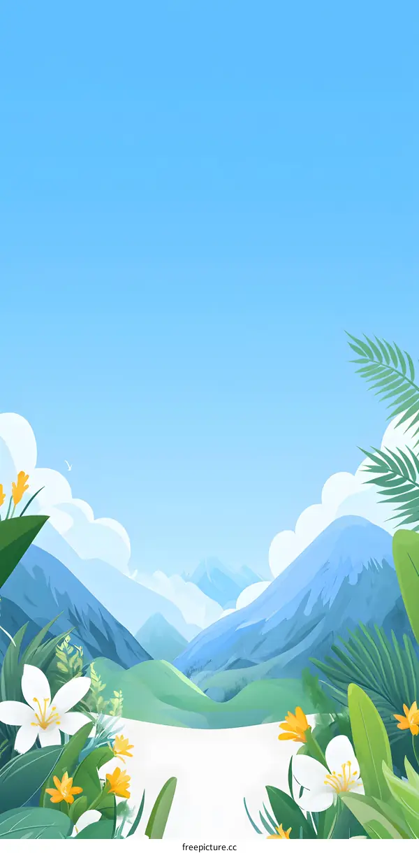 Mountain Landscape With Flowers And White Sky