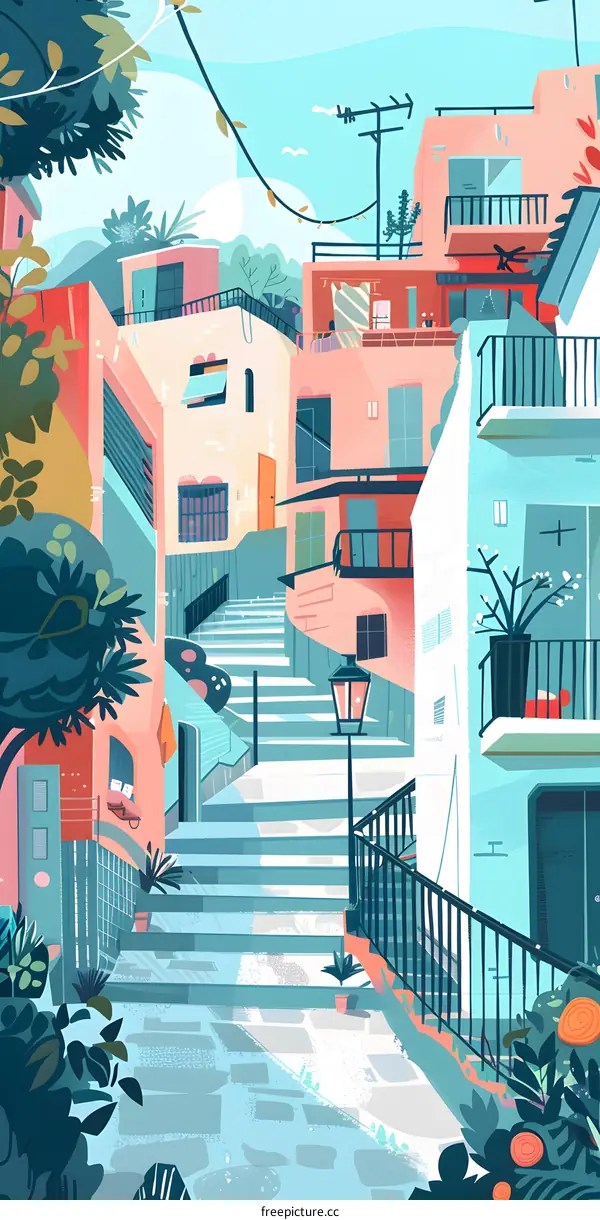 Colorful Illustration of a  Town  with  Stairs and  Balconies