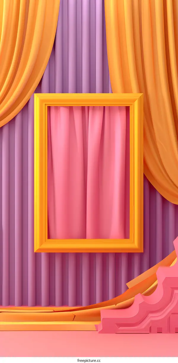 Abstract 3D Minimalist Background with Pink Yellow Orange Curtains and Frame