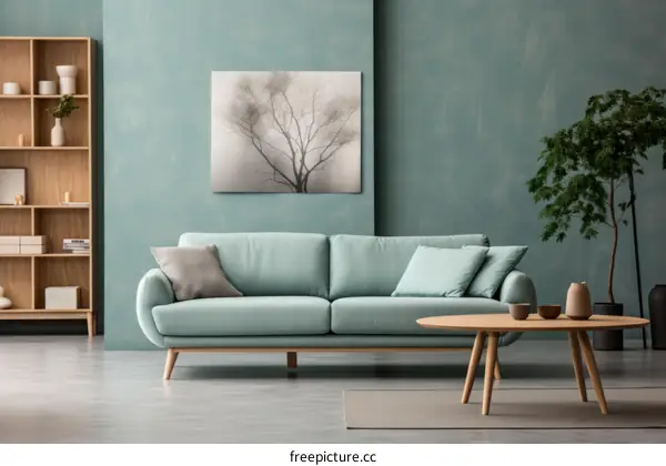 Blue Living Room Interior with Tree Print