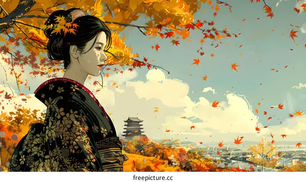 An illustration of a Japanese woman wearing a kimono standing in a field of red maple leaves with a pagoda in the background