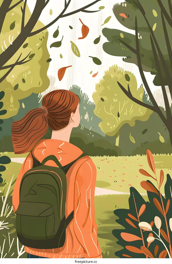 Woman with Backpack Walking Through Autumn Forest