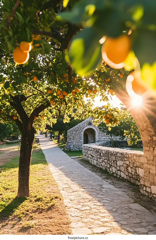 Stone Path With Sunlight Through Orange Trees