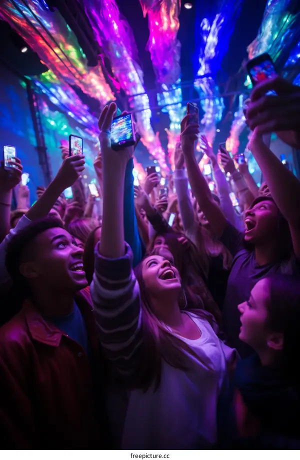 People holding up their phones to take pictures of an art installation
