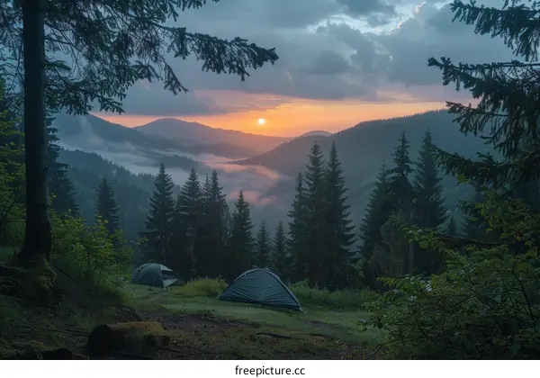 Camping in the mountains at sunset