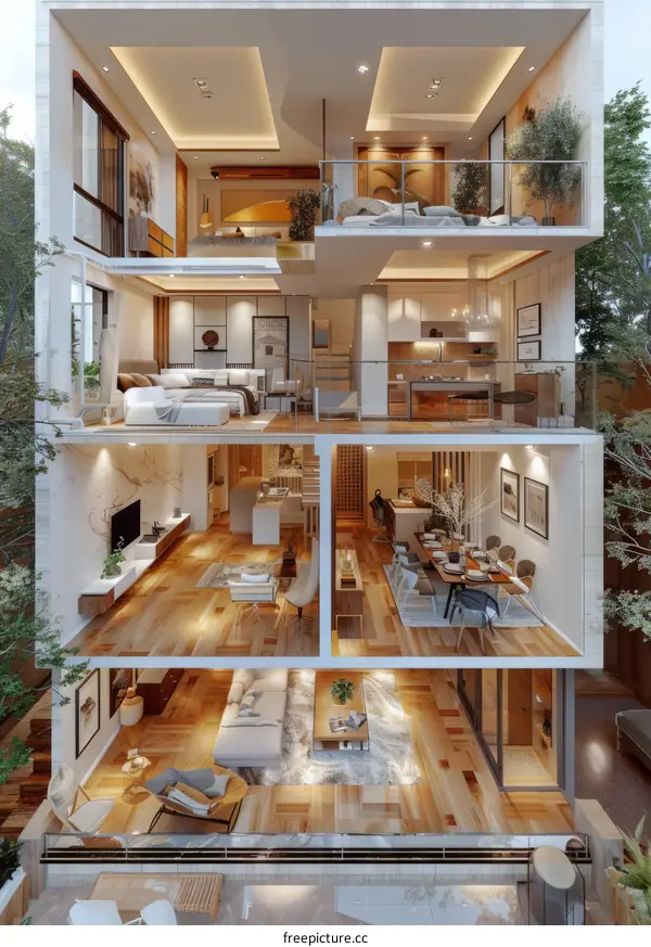 The interior of a three-story house with a modern design
