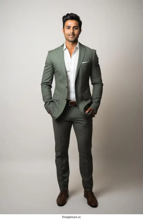 A young Indian man in a green suit