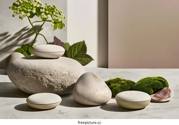 Natural Stone and Aromatic Diffusers on a Marble Surface