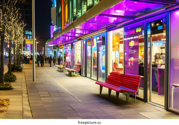 Night View of Illuminated Shops in a City Street