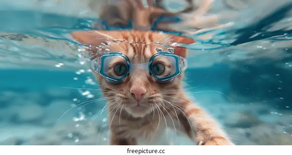 Cat wearing swimming goggles swims underwater