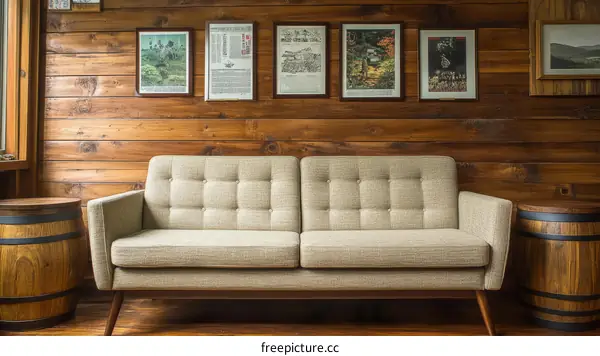 Cozy Living Room with Wooden Wall and Sofa