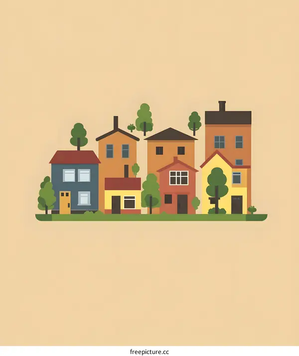 Illustration of a Small Town with Houses