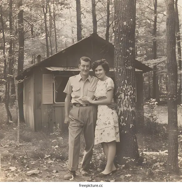 A man and woman standing in front of a cabin in the woods