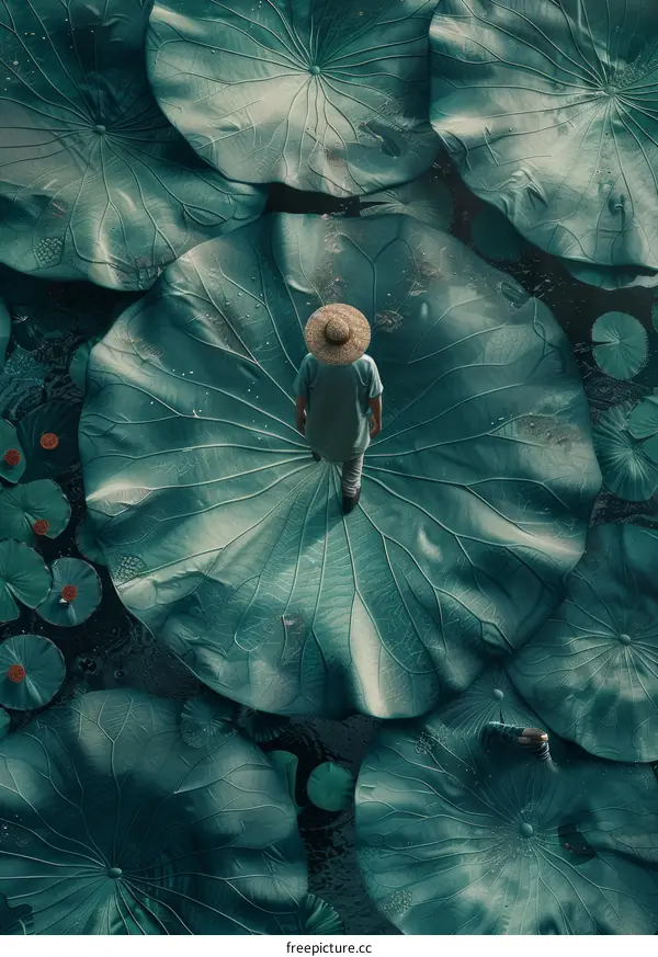 Man Stands on a Giant Water Lily Leaf
