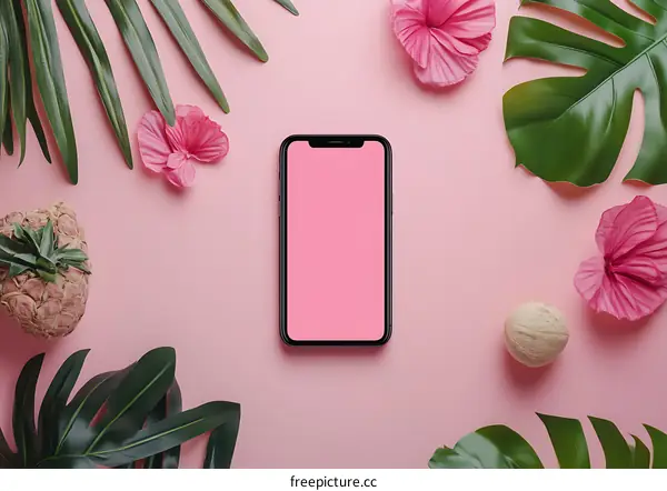 Flat Lay Mockup with Pink Background and Tropical Plants
