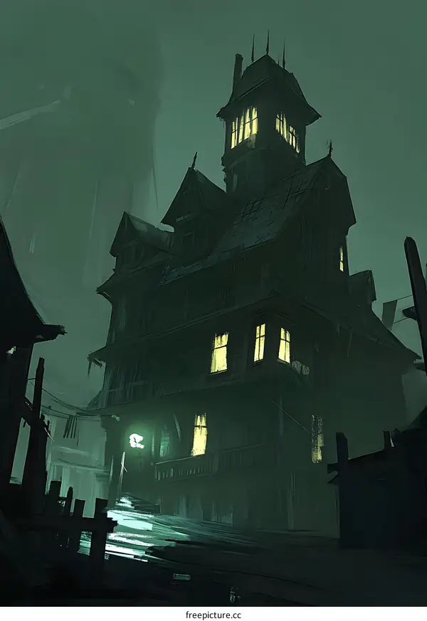 Spooky Old House in Foggy Night