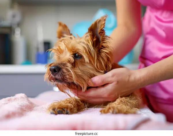 Yorkshire Terrier Getting Groomed by Professional Groomer