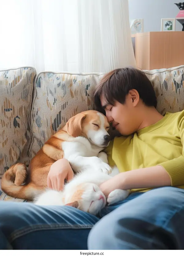 A man is sleeping on the couch with a dog and a cat